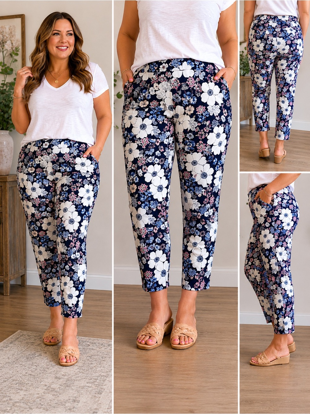Ann Taylor Floral Ankle Pants Womens 12 Navy White Slim Crop Stretch